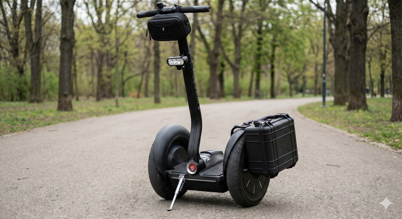 Segway PT Zubehör im Einsatz: Ein Segway i2 ausgestattet mit Parkständer, seitlicher Cargo-Box, LED-Licht und Lenkertasche
