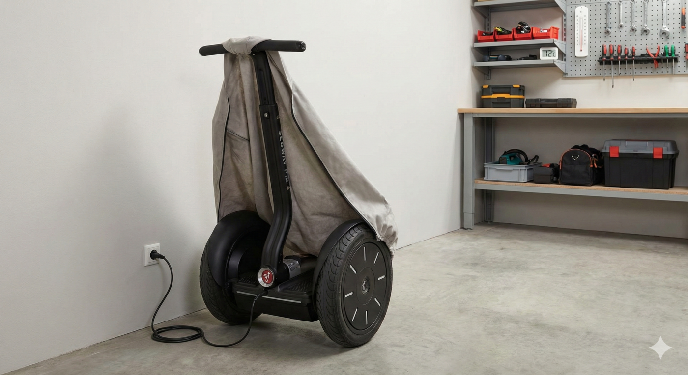 Segway PT an der Steckdose angeschlossen, um sicher zu überwintern und den Akku zu schützen
